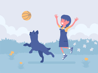 Happy girl playing with pet dog friend outdoors. Kid and playful puppy enjoy fresh air activity, having fun in sport game for ball jump exercise in a green park. Vector illustration
