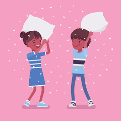 Pillow fight game, black afro boy and girl kids enjoy free time at home. Sleepover fun, pajamas party, slumber entertainment for young children staying in house. Vector flat style cartoon illustration