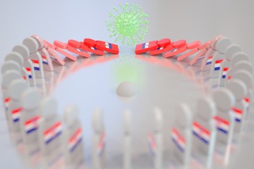 Virus topples dominoes with flag of Croatia. Coronavirus spread related conceptual 3D rendering