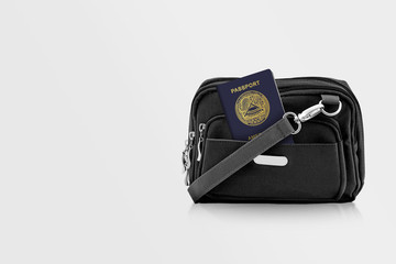 American Samao Passport in Black Travel Bag Pocket with Copy Space on Isolated Background