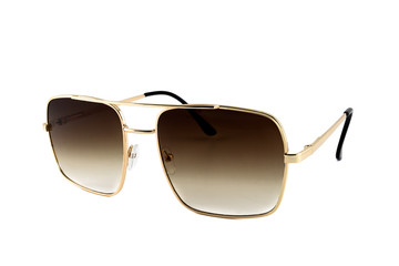 Brown pilot aviator sunglasses with gold rimmed isolated white background, side view
