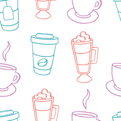 Seamless vector pattern with takeaway coffee, tea, cappuccino, espresso, latte. Outline pattern with drinks for a cafe, coffee shop, coffeehouse, street coffee to go.