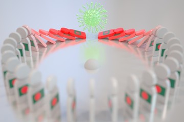 Virus topples dominoes with flag of Bangladesh. Coronavirus spread related conceptual 3D rendering