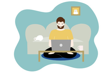 Fototapeta na wymiar A man sitting on Floor working with laptop at home. vector illustration.