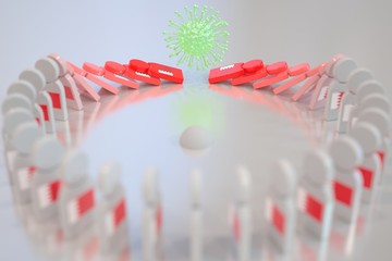 Virus topples dominoes with flag of Bahrain. Coronavirus spread related conceptual 3D rendering