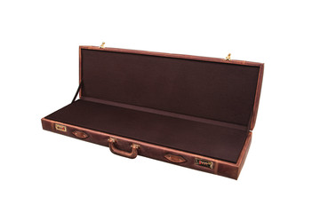 luxury brown leather case with gold-plated combination locks isolated on white background. Suitcase for weapons or musical instruments.