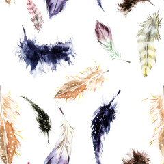 Bird feathers, painted in watercolor, by hand. Sketch, set .