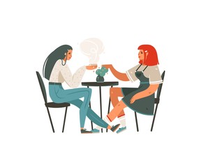 Hand drawn vector abstract cartoon modern graphic girls sitting in cafe and drinking coffee illustration art isolated on white background