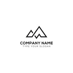 Simple vector logo in a modern style. Top of the mountain in the form of letter M. Mountains Media is a vector logo template set. Abstract sign for letter M and triangle shape logotype for business.