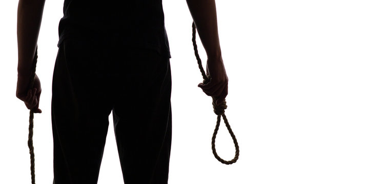 silhouette of a man figure with a rope loop in hand on a white isolated background, concept life failure, person going to commit suicide through hanging