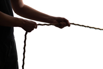silhouette man hands pulling a rope tug of war on isolated white background, concept of leadership...