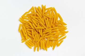 Raw italian pasta on a white background