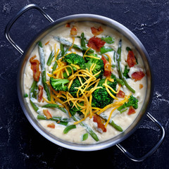 cream soup with broccoli, green bean, fried bacon
