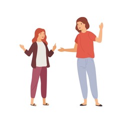 Irritated mother and daughter gesturing and scream each other vector flat illustration. Cartoon girl and woman having quarrel and negative emotion isolated on white. Problem of mutual aggression