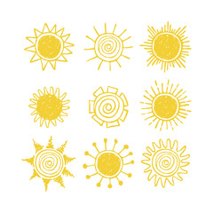 Set of hand drawn suns. Doodle drawing. 