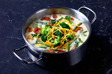 cream soup with broccoli, green bean, fried bacon