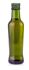 green bottle with olive oil on white background