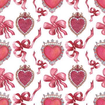 Hand-drawn seamless watercolor pattern. Wallpaper with ribbons, brooches, gems and jewelry. Background with heart-shaped jewelry with precious stones for fabrics, prints, design, paper etc.