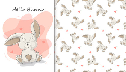 Illustration of cute bunny and baby pattern in the white backdrop
