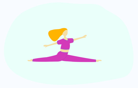 Flat illustration of training flexible yoga woman on abstract air background. Yoga and flexibility lessons.  Image for web site, flyer, banner or other commercial printed matter.