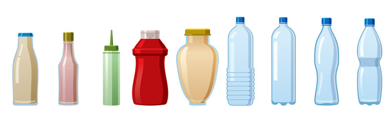 Bottles sauce and water set. Soy Wasabi Mustard Ketchup Mayonnaise Creamy sauces water mineral