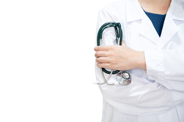 Woman doctor holding stethoscope on white background