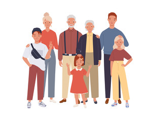 Big family. Father, mother, grandfather, grandmother and children. Vector illustration in a flat style