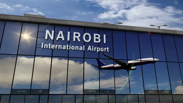 Jet aircraft landing at Nairobi, Kenya 3D rendering animation. Arrival in the city with the glass airport terminal and reflection of the plane. Travel, business, tourism and transport concept.