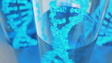 DNA molecule, its structure. Concept human genome. DNA molecule with modified genes. Conceptual illustration of a dna molecule inside a glass test tube with liquid. Medical equipment, 3D illustration