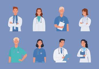 Collection of medical staff doctor and nurse, group of medics. Vector illustration in a flat style