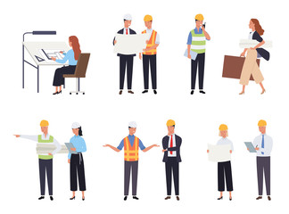 Collection of male and female architects and construction engineers. Profession, occupation or job set. Vector illustration in a flat style - obrazy, fototapety, plakaty