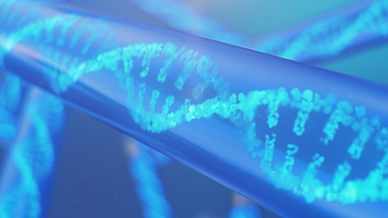 3D Illustration DNA molecule, its structure. Concept human genome. DNA molecule with modified genes. Conceptual illustration of a dna molecule inside a glass test tube with liquid. Medical equipment.