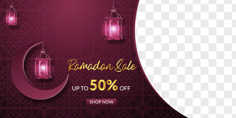 Ramadan Sale, banner design with hanging lanterns and crescent moon.