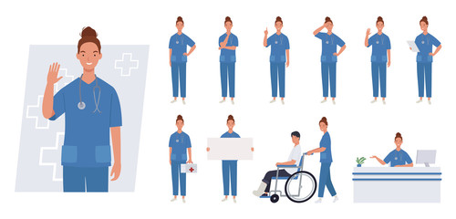 Female nurse character set. Different poses and emotions. Vector illustration in a flat style - obrazy, fototapety, plakaty