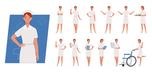 Female nurse character set. Nurse in white uniform. Different poses and emotions. Vector illustration in a flat style