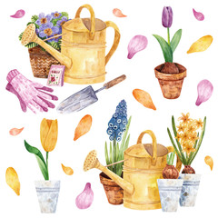 Set of floral hand-drawn watercolor illustrations. Gardening and garden tools. Spring primroses, tulips, hyacinths, primula, muscari. Watering can, gloves, spatula. Potted plants, seeds, flower pots.