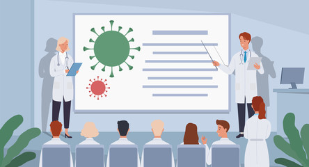 Group of doctors at the conference. Doctors are trying to find a vaccine against the coronavirus. Vector illustration in a flat style