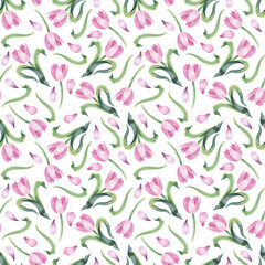 Hand-drawn floral watercolor pattern. Spring primroses. Pink tulips, leaves and petals. White botanical background for wrapping paper, fabric, scrapbooking and other purposes.