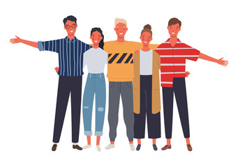 Group of five happy friends, boys and girls, hugging each other on a white background.Vector illustration in a flat style