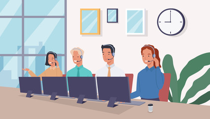 Group of operators with headset supporting people in call center office. Business support and telemarketing vector concept. Call center. Vector illustration in a flat style