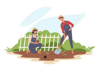 Happy Couple of Farmers Working in Garden. Man Digging Soil. Woman Planting Sprout to Ground. Vector illustration in a flat style