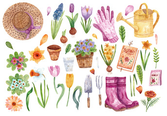 Hand-drawn watercolor set on the theme of spring and gardening. Different flowers, garden tools and clothes. Primroses, bulb plants, seeds for design, cards, decoration, scrap-booking, stickers, etc.