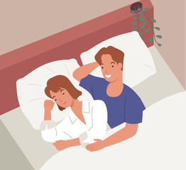 Loving couple in the bed. Vector illustration in a flat style