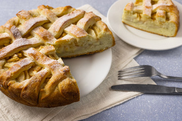 Apple pie on gray table background. Homemade classical fruit tart.