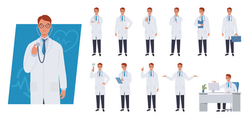 Male doctor character set. Different poses and emotions. Vector illustration in a flat style - obrazy, fototapety, plakaty