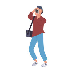 Male photographer holding a camera and take pictures. Vector illustration in a flat