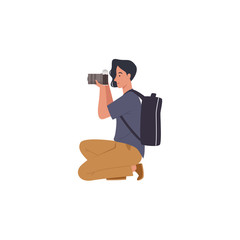 Male photographer holding a camera and take pictures. Vector illustration in a flat