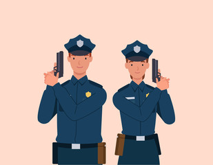 Policeman and woman with gun. Vector illustration in a flat style