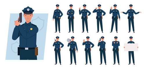 Policeman character set. Different poses and emotions. Vector illustration in a flat style