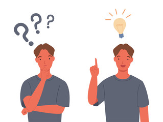 Fototapeta na wymiar Problem solving concepts. Men are thinking - With question marks. The young man answered - With the bulb icon. Vector illustration in a flat style
